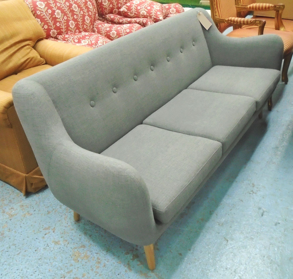 SOFA, 1950's style, three seater with buttoned back in grey upholstery on splayed legs,