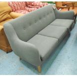 SOFA, 1950's style, three seater with buttoned back in grey upholstery on splayed legs,