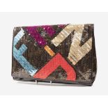 FENDI LOVE LETTER CLUTCH, with multi coloured sequin logo, with detachable twisted patent strap,