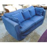 SOFA BED, in a blue denim loose cover, 76cm H x 190cm x 97cm.
