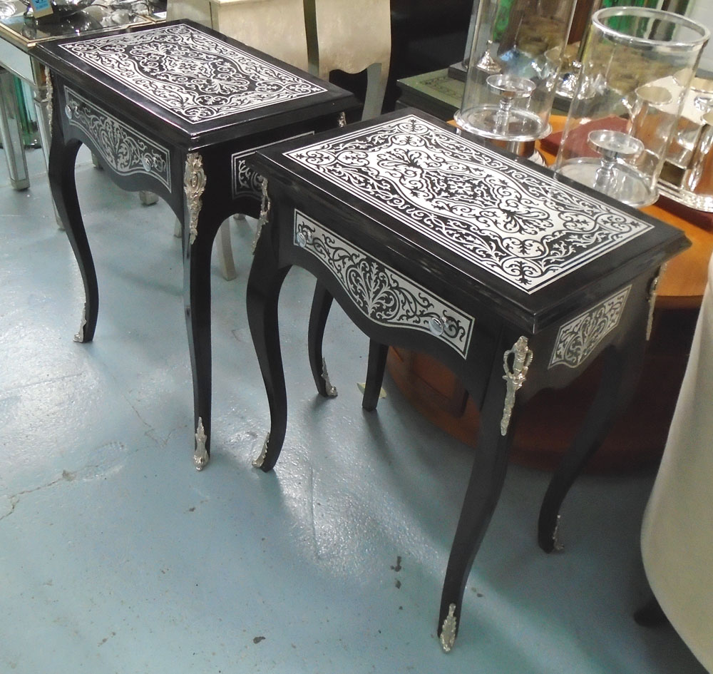 HALL TABLES, a pair, with drawer below in silver effect boulle finish, 60cm x 41cm x 76cm H.