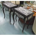HALL TABLES, a pair, with drawer below in silver effect boulle finish, 60cm x 41cm x 76cm H.