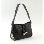 BURBERRY BAG, small pebbled black leather with nova check sides and silver tone hardware,