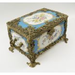 JEWELLERY CASKET, French style with ceramic panels and gilt metal mounts, 31cm W x 20.