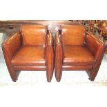TUB ARMCHAIRS, a pair, tan brown leather, each with back and seat cushions. 69cm W.