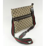 GUCCI MESSENGER UNISEX BAG, canvas with brown leather trims, adjustable shoulder strap,