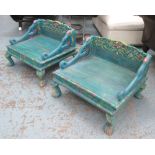 LOW SEATS, a pair, painted wood with carved decoration and elephant head design armrests,