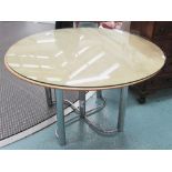 DINING TABLE, circular, glass on wooden top, with chromed metal base, 124cm diam x 74cm H.