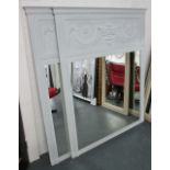 TRUMEAU MIRRORS, a pair, with classical motifs in a grey painted finish, 143cm x 114cm.