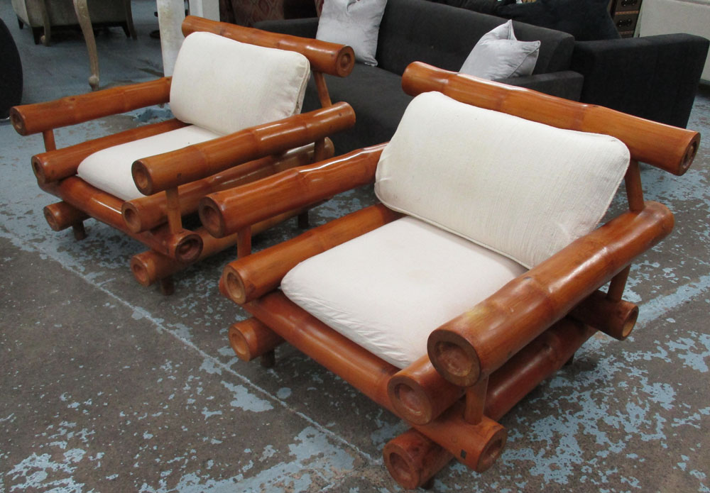 ARMCHAIRS, a pair, large bamboo framed with white cushions, 90cm D x 90cm W x 76cm H.