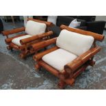 ARMCHAIRS, a pair, large bamboo framed with white cushions, 90cm D x 90cm W x 76cm H.
