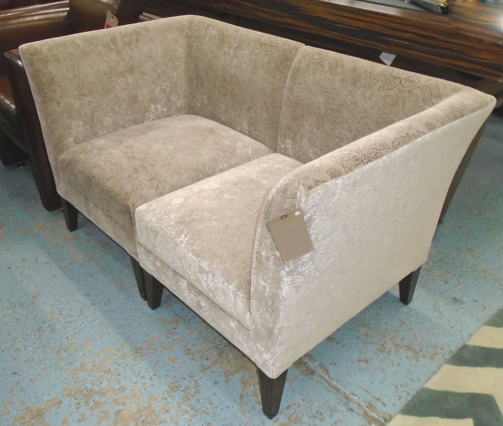 RUTLAND CORNER CHAIRS, a pair, from Nigel Carew Jones, in ornate foliate patterned upholstery,