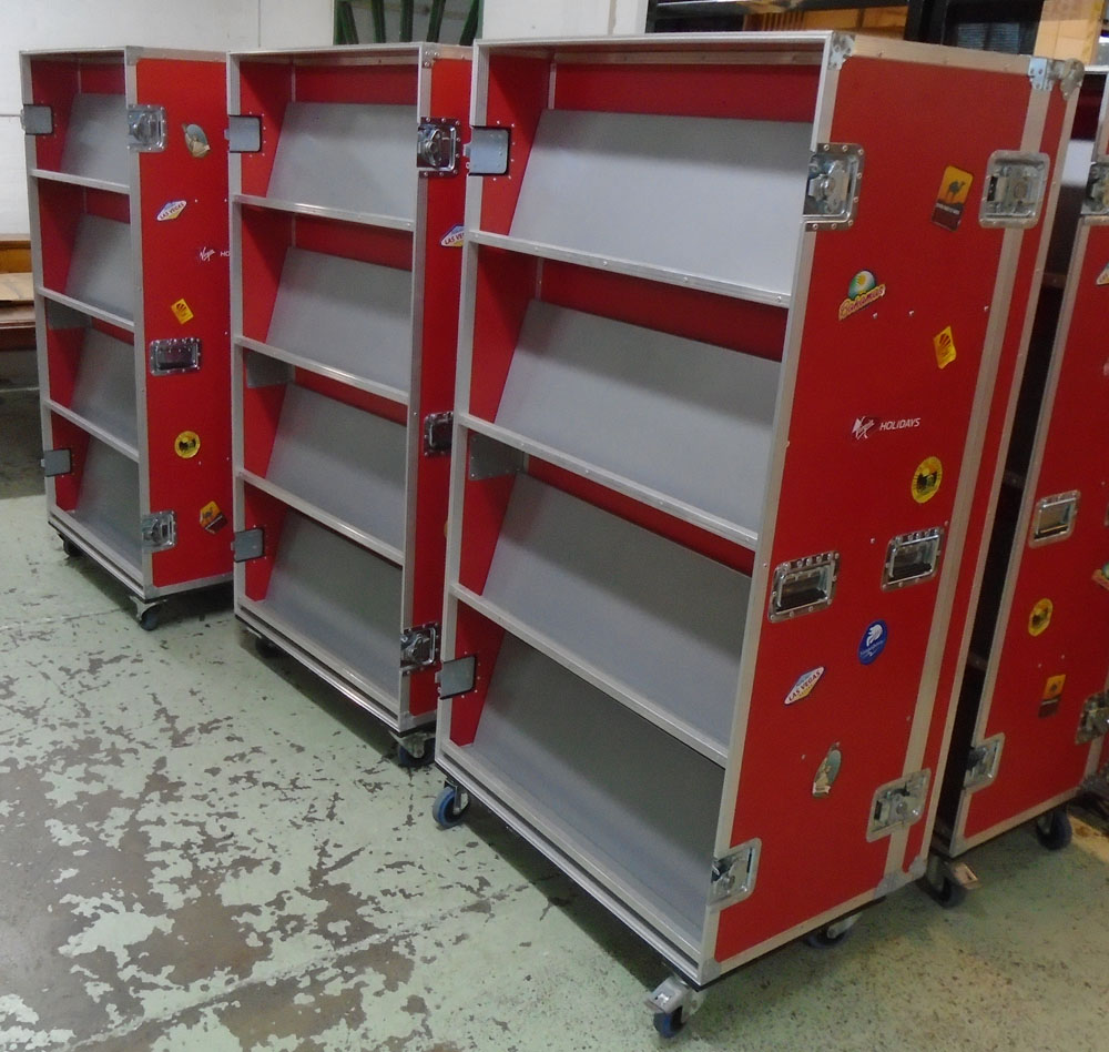 VIRGIN AIRLINES DISPLAY CASES, three matching, in the form of flight cases on wheels,