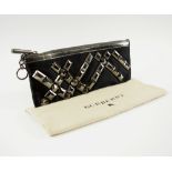 BURBERRY ASHCOMBE CLUTCH, black satin with pewter tone patent leather trim,