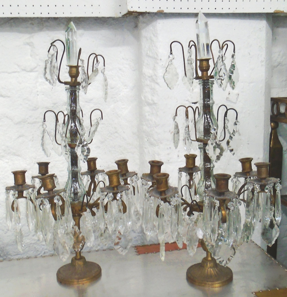 TABLE CANDELABRUMS, a pair, six branch in a metal frame with glass drops, 59cm H.