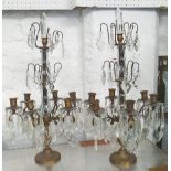 TABLE CANDELABRUMS, a pair, six branch in a metal frame with glass drops, 59cm H.