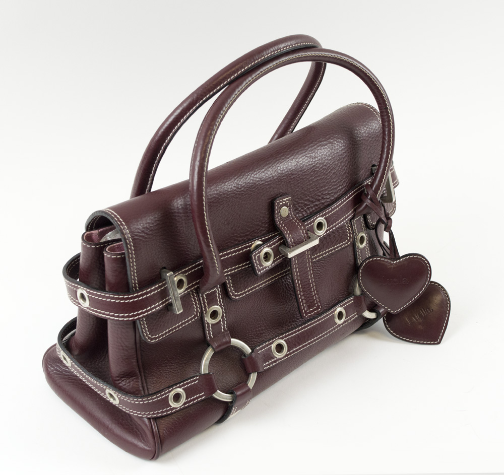 LUELLA GISELE BAG, burgundy leather with white contrast stitching, silver tone hardware,