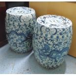 GARDEN SEATS, a pair, Chinese blue and white with dragon decoration, 32cm diam x 46cm H.
