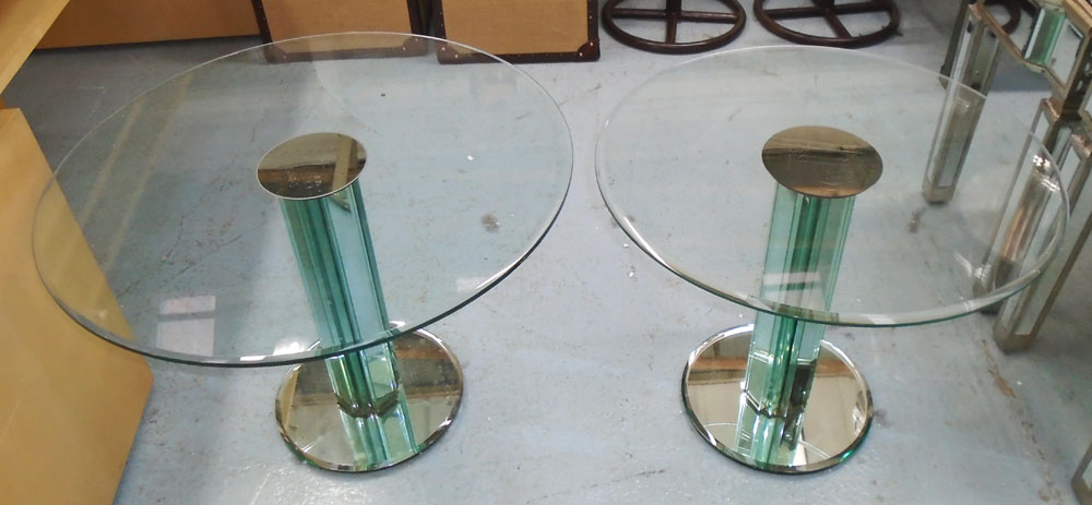 OCCASIONAL TABLES, two, with circular bevelled glass tops on mirrored column bases,