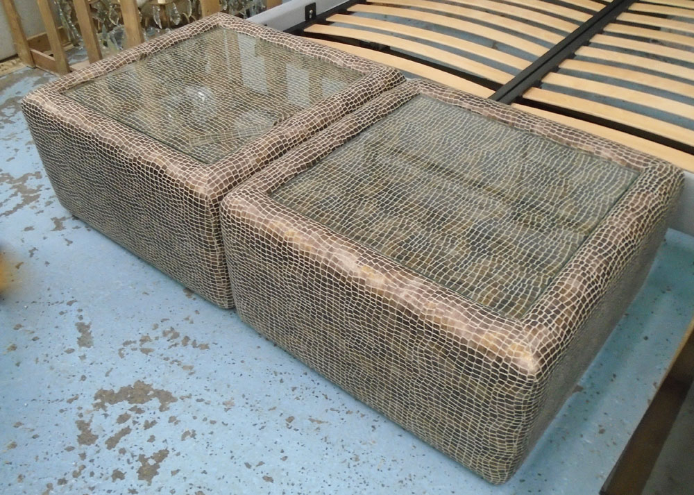 OTTOMANS, a pair, faux snake skin, square, with glass tops, 75cm W.