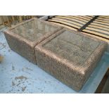 OTTOMANS, a pair, faux snake skin, square, with glass tops, 75cm W.