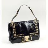 ANYA HINDMARCH SHOULDER BAG, dark navy patent leather with front gold decorations and designer logo,