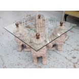 LOW TABLE, glass top supported by a quadrant of Chinese guardian lions or "foo dogs",