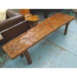 TABLE, teak, of slender naturalistic form, 172cm L x 50cm W x 46cm H.