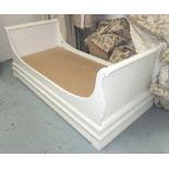 TRUNDLE SLEIGH BED, in cream, by Chic Shack, with mattress under, 217cm L x 99cm W.