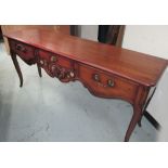 CONSOLE TABLE, fruitwood, with three drawers below on shaped supports, by Marjolet, mark on back,