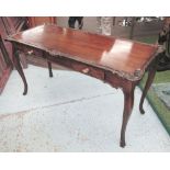 HALL TABLE, in padouk wood carved with two drawers below on shaped supports, 139cm x 56cm x 67cm H.