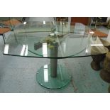 ROCHE BOBOIS DINING TABLE, glass on chromed metal stand, extending 112cm to 196cm x 110cm x 76cm H.