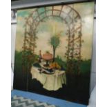 TROMP L'OEIL PANELS, of a garden trellis and picnic table,