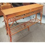 CONSOLE TABLE, in bamboo with rattan top three drawers below, 157cm x 36cm x 85cm H.