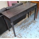HALL TABLE, hardwood with three drawers below on square supports,