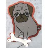 PUG SIGNAGE, by Bee Rich, graphic hand painted Pug dog with florescent light up bone, 57cm H.