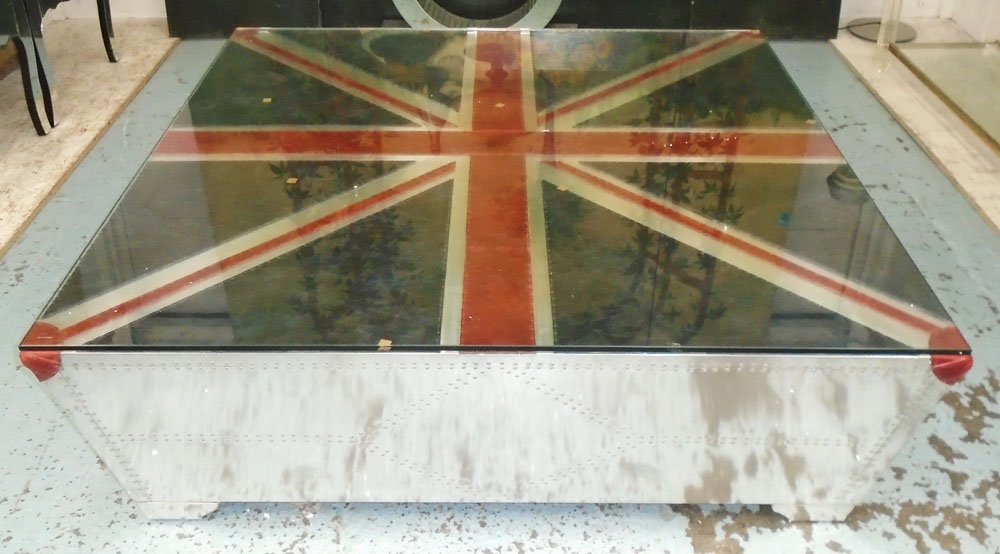 OCCASIONAL TABLE, square, Aviation style with union flag to top under glass,