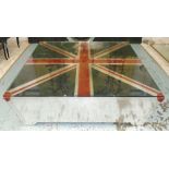 OCCASIONAL TABLE, square, Aviation style with union flag to top under glass,