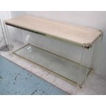 CONSOLE TABLE, with a travetine top and a glass shelf below on rectangular perspex supports,