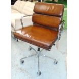 REVOLVING DESK CHAIR, Charles Eames design tan brown leather upholstered,