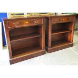 BOOKCASES, a pair, Sheraton style mahogany and inlaid each with drawer above an open shelf,