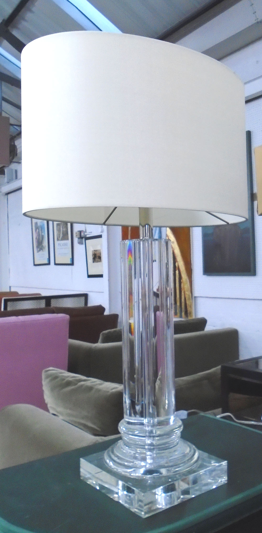 TABLE LAMP, crystal column form with oval silk Porta Romana shade, 75cm H.