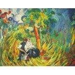 20TH CENTURY SCHOOL 'The picnic' oil on canvas laid on board, 57cm x 73cm, framed.