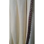CURTAINS, two pairs, cream chenille lined with bobble edge, 95cm gathered by 240cm drop.