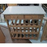 WINE STORAGE RACK, with zinc top in wood with two drawers in a rustic finish, 76cm x 36cm x 86cm.