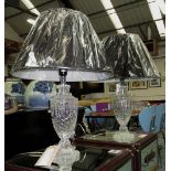 TABLE LAMPS, a pair, glass urn shaped with shades, 64cm H.