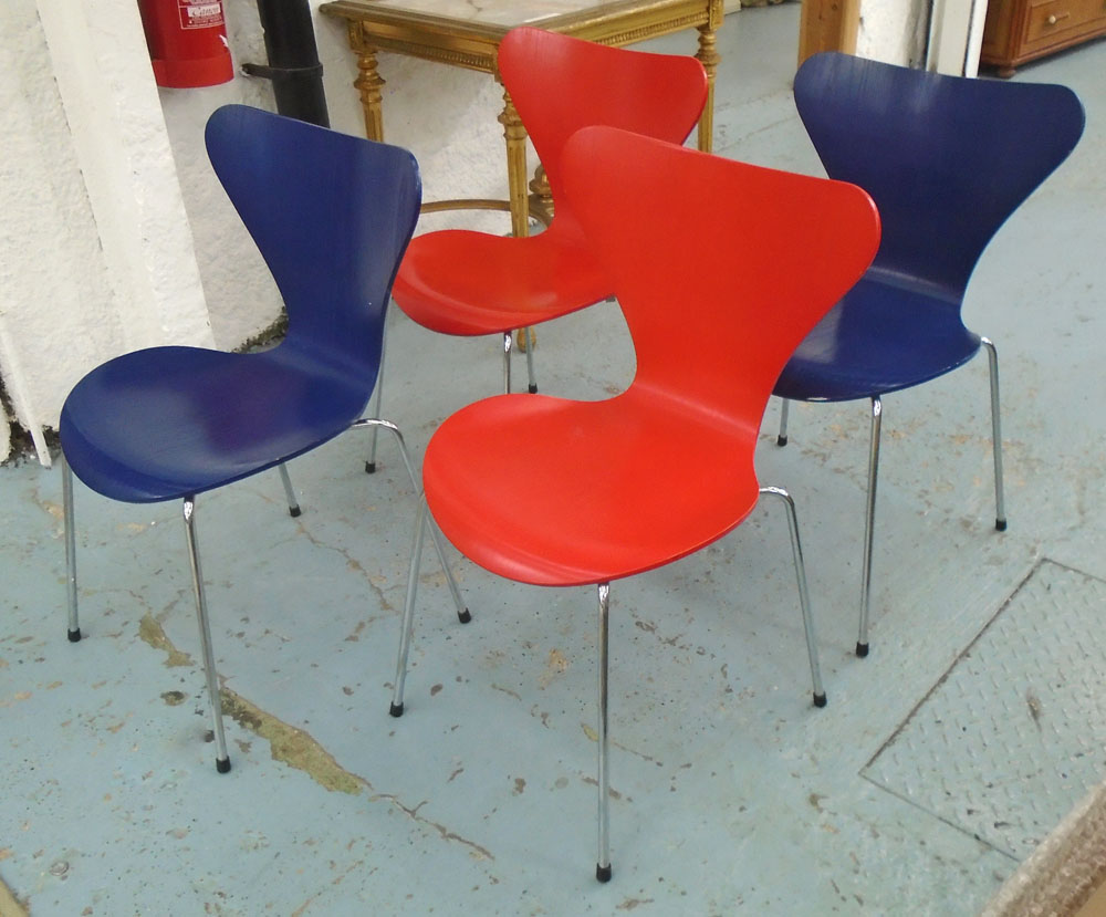 ARNE JACOBSEN CHAIRS, two red and two blue, by Fritz Hansen, 46cm W.