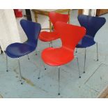 ARNE JACOBSEN CHAIRS, two red and two blue, by Fritz Hansen, 46cm W.