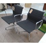 SWIVEL DESK CHAIRS, a pair, by Vitra designed by Eames with black cloth seats, 58cm W.