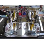 WINE BUCKETS, a pair, with serving tray equestrian culinary concept's plated finish,